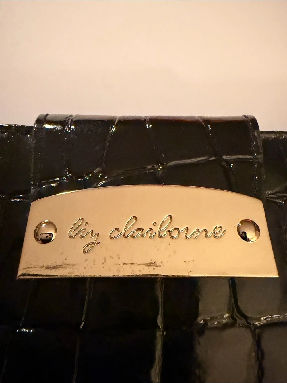 Liz Claiborne Black Croc-Embossed Wallet with Gold Plaque Accent